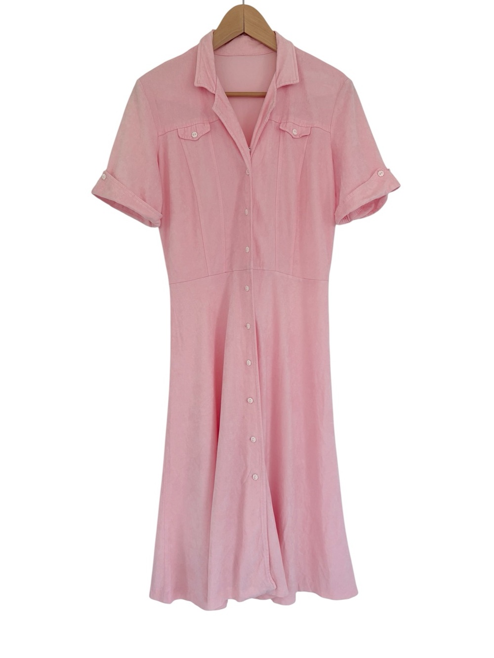 Vintage Pastel Pink Microsuede Midi A-Line Shirt Dress Flower Button Retro 1970s